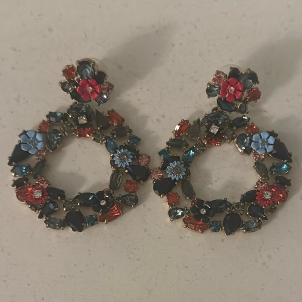 J. Crew Multicolor Flower Crystal Hoop Earrings